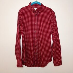 Old Navy Red Navy Gingham Plaid Everyday Slim Fit Built in Flex Dress Shirt Med